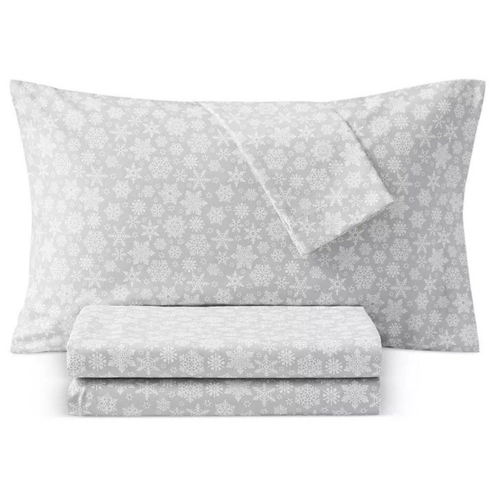 Jessica Sanders Holiday Printed 4-Pc. Sheet Set, Full Snowflakes, Gray, Twin